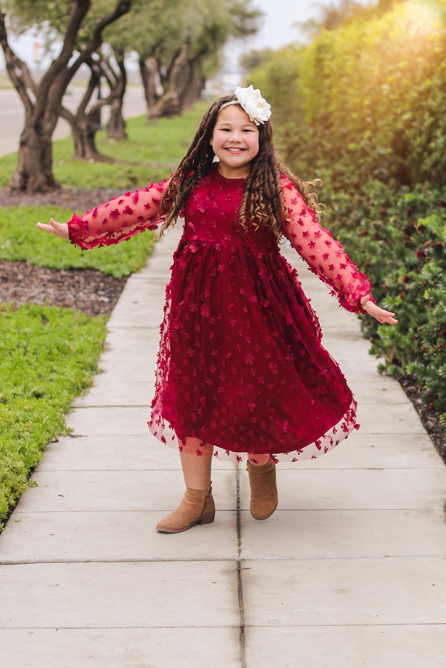 Burgundy Mesh Floral Dress