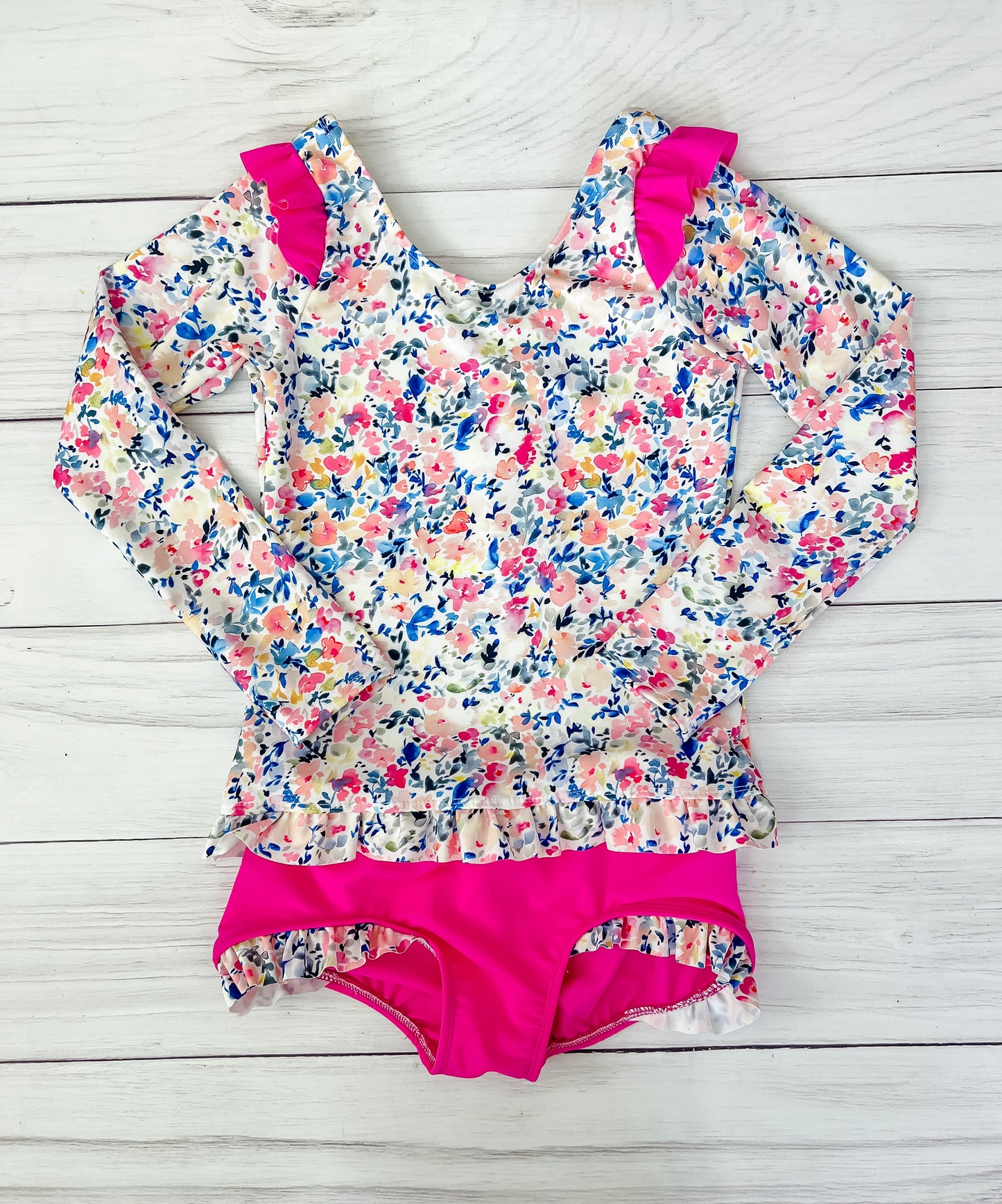 2 Piece Rainbow Floral Swim Suit Long Sleeved Rashguard