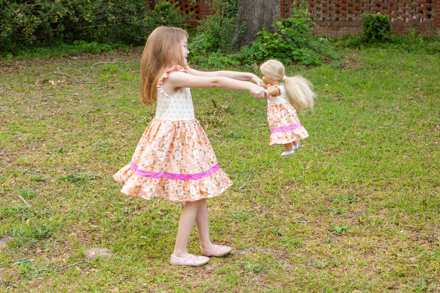 Summer Peach Blossom Girl and Doll Set