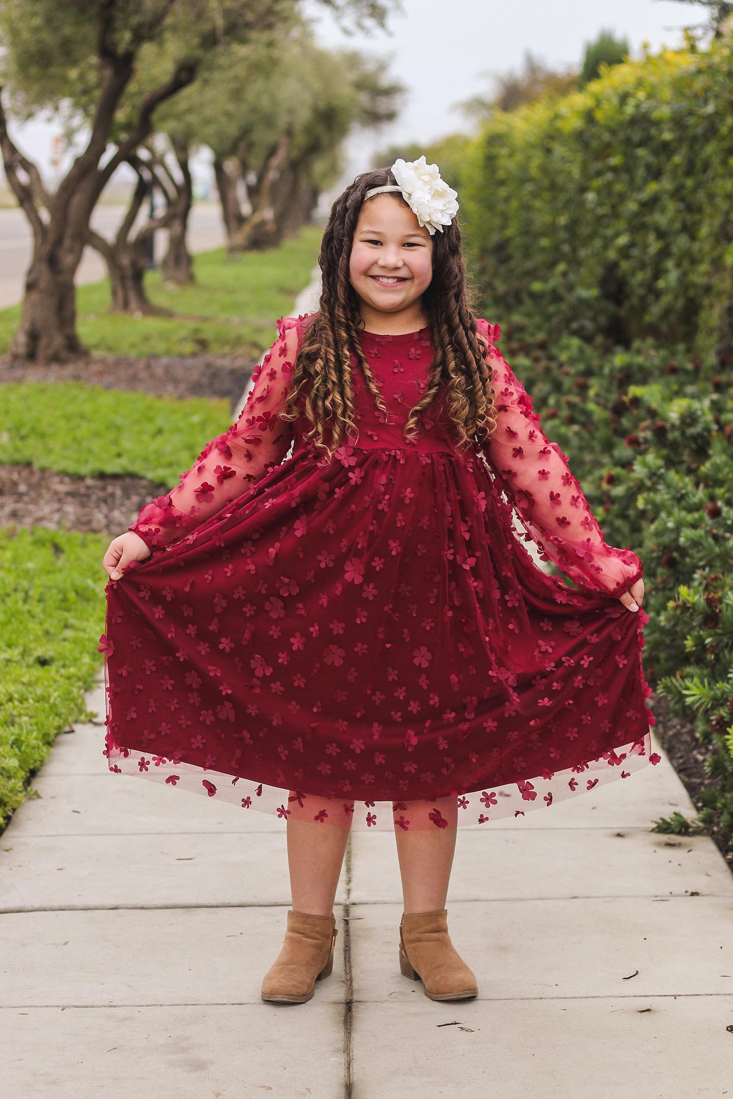 Burgundy Mesh Floral Dress