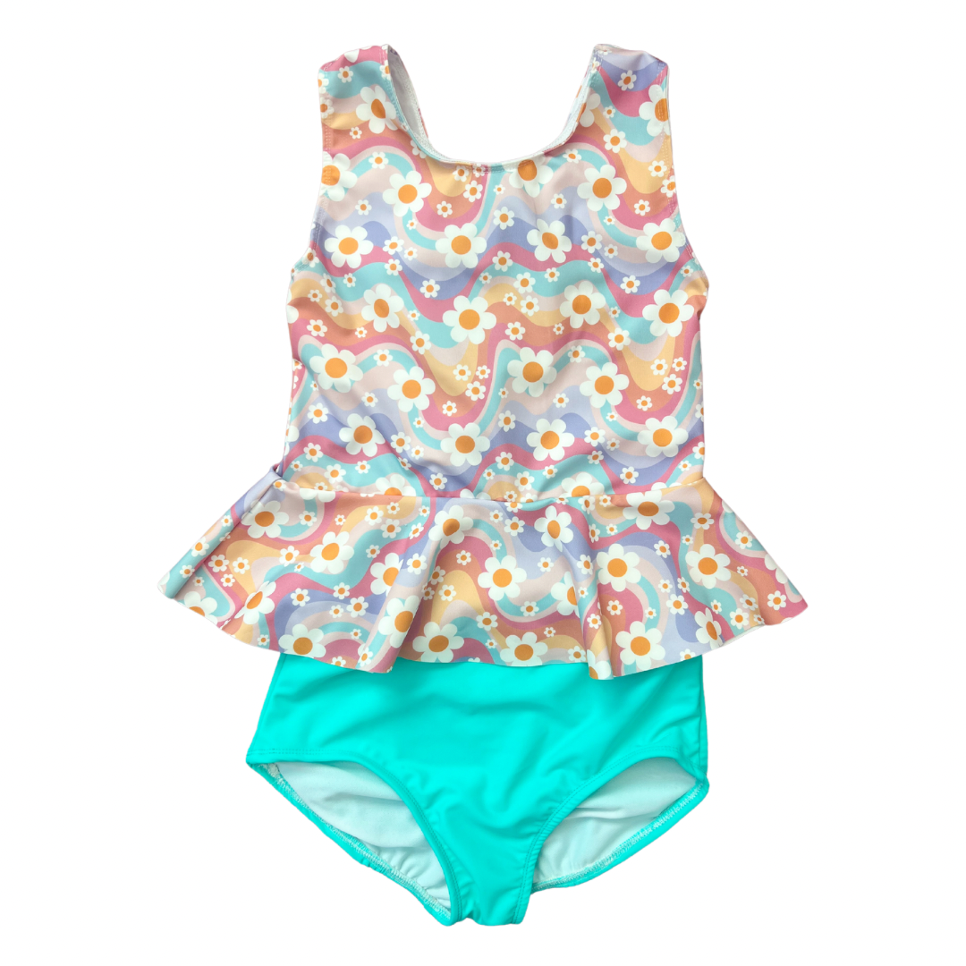 Groovy Floral Peplum Bow 2 Piece Swim Suit