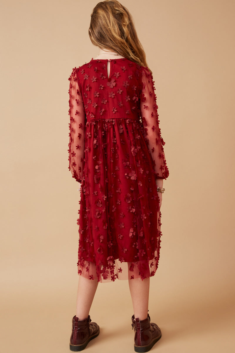 Burgundy Mesh Floral Dress