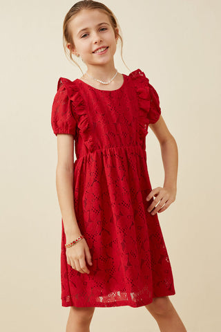 Red Lace Short Sleeve Ruffle Dress