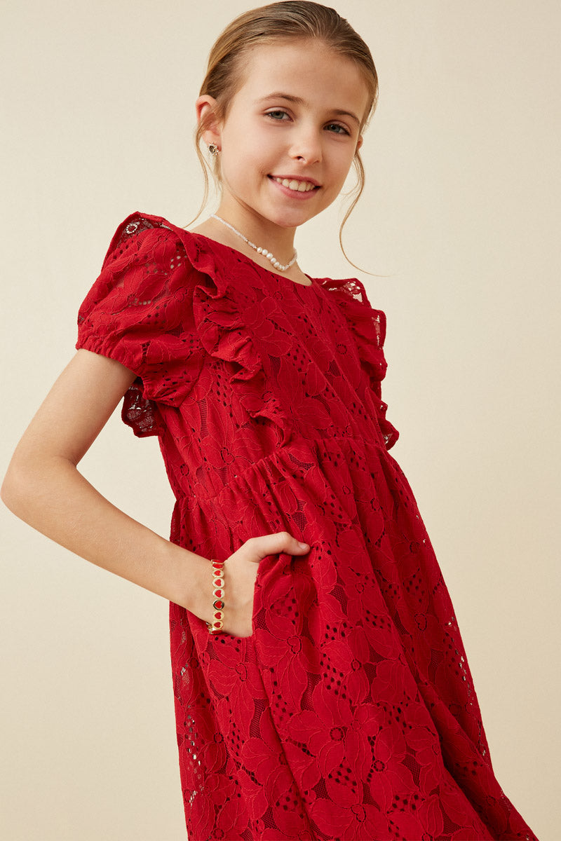 Red Lace Short Sleeve Ruffle Dress