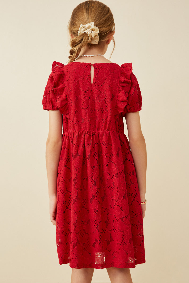 Red Lace Short Sleeve Ruffle Dress