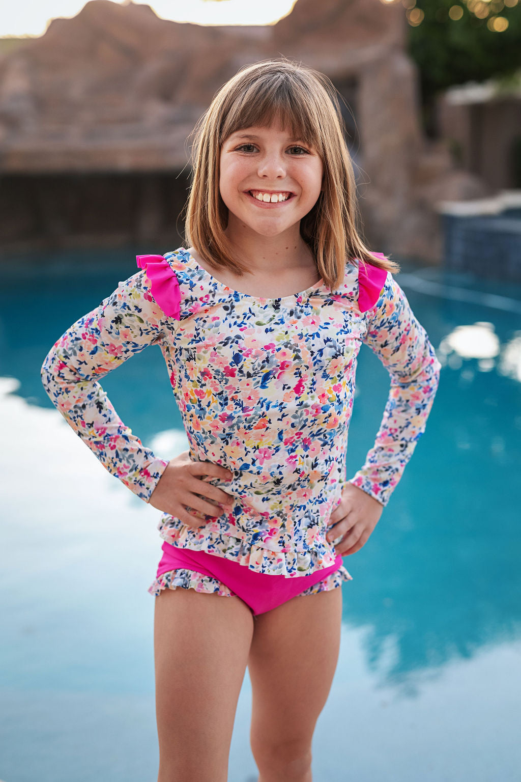 2 Piece Rainbow Floral Swim Suit Long Sleeved Rashguard